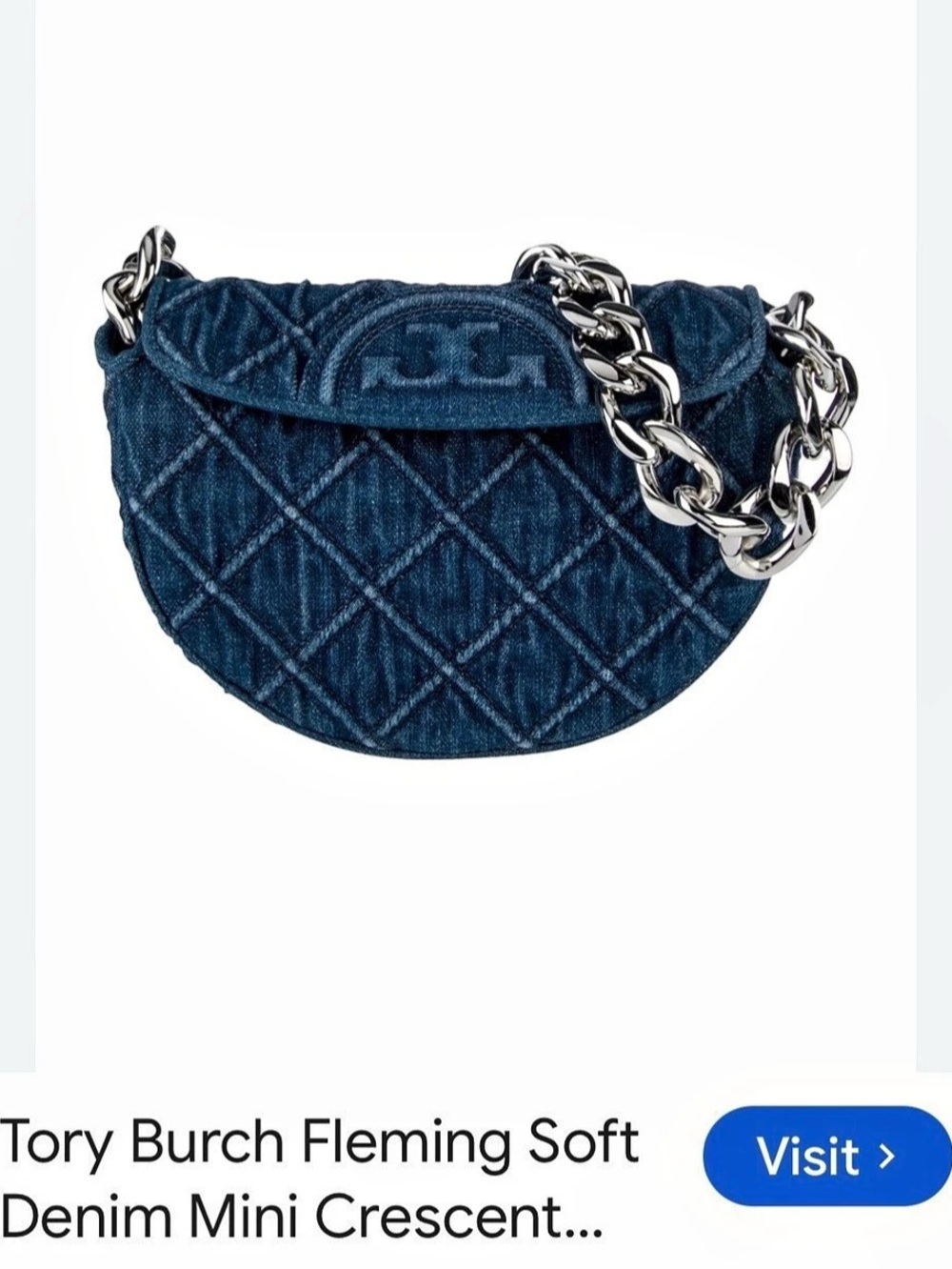 Tory Burch Fleming Soft Denim Mini Crescent Bag Blue Silver Chain Strap - Picture 4 of 6